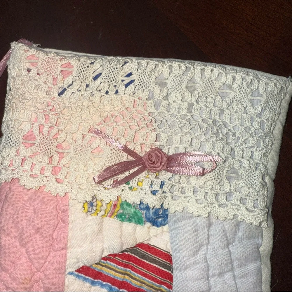 Vintage Quilt Primitive Farmhouse Christmas Stocking Pastel Lace Detail